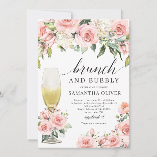 Boho blush rosa Blumensekt Brunch mit Bläschen Einladung (Vorderseite)