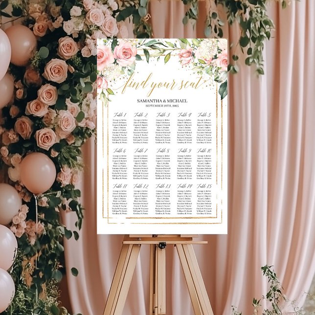 Boho blush rosa Blütengold Hochzeitstabelle Poster (Boho blush pink floral gold wedding seating chart)
