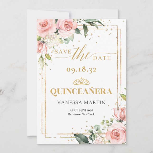 Boho Blush Rosa Blütengold tiara Quinceanera Save The Date (Vorderseite)