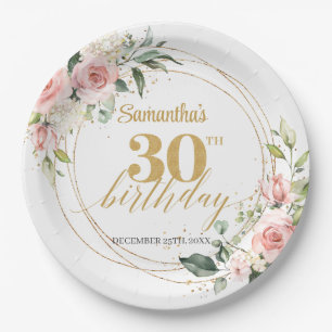 Boho Blush Rosa Blütenröschchen Eukalyptus Gold 30 Pappteller