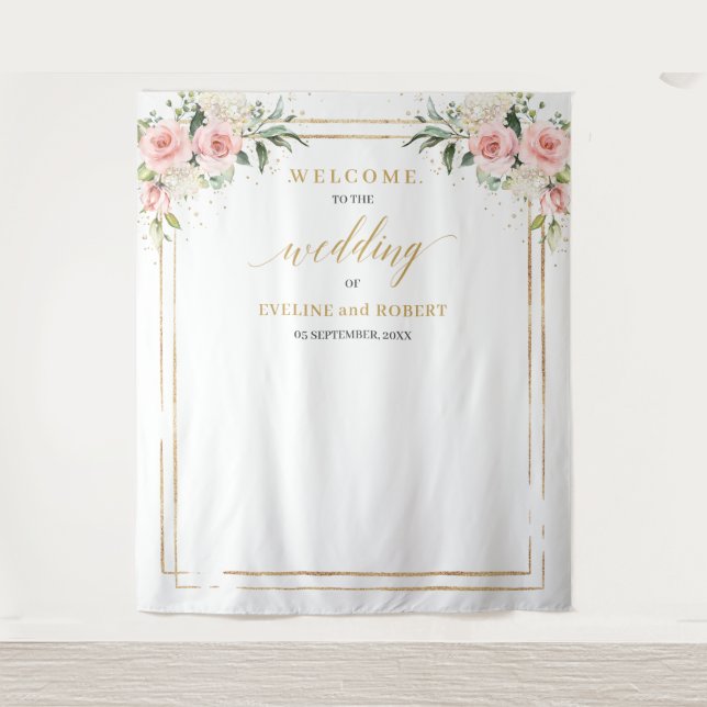 Boho Blush Rosa Eukalyptusgold Hochzeit Wandteppich (Vorderseite)