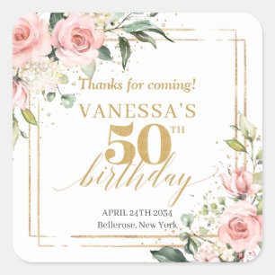 Boho blush rosa Rosen Gold Glitzer 50. Geburtstag Quadratischer Aufkleber
