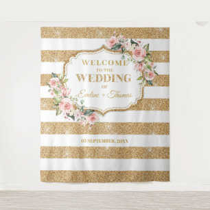 Boho Blush rosa Rosen Goldstreifen Glitzer Streife Wandteppich