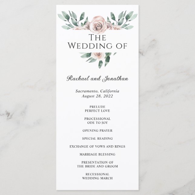 Boho Blush Rose Floral Wedding Program Programm (Vorderseite)
