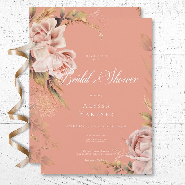 Boho Blush Rose & Grasses Brautparty Einladung (Boho Blush Roses & Grasses Bridal Shower Invitation)