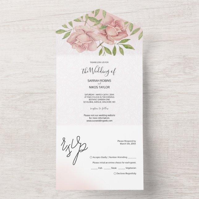 Boho Blush Rose Wasserfarbe Handgestrichen All In One Einladung (Innen Boden)