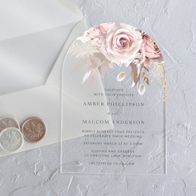 Boho-Blush-Rosen-Bogen-Hochzeit Acryleinladungen (Von Creator hochgeladen)