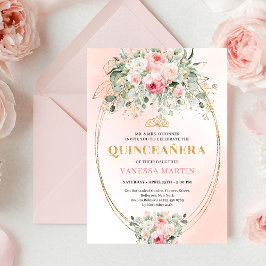 Boho Blush Roses Greenery Quinceañera Invitation Einladung