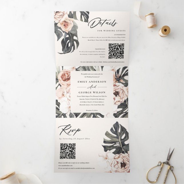 Boho Blush Rust Monstera Floral 2 QR Code Hochzeit Dreifach Gefaltete Einladung (Innenseite)