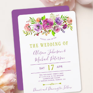 Boho Blütenhochzeit lila grüner Frühling Einladung