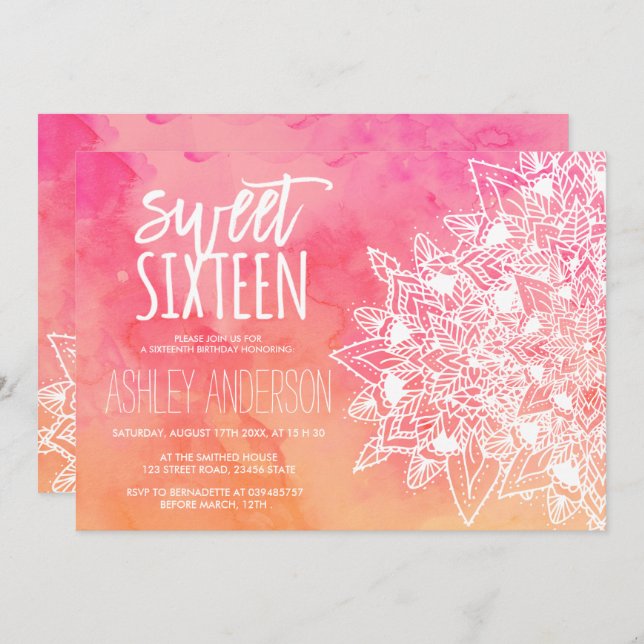 Boho Blütenlace mandala rosa Aquarell Sweet 16 Einladung (Vorne/Hinten)