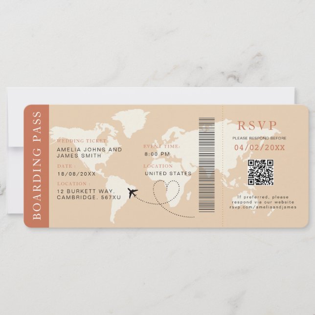 Boho Boarding Pass Hochzeit in Urlaubsort QR-Code Einladung (Vorderseite)