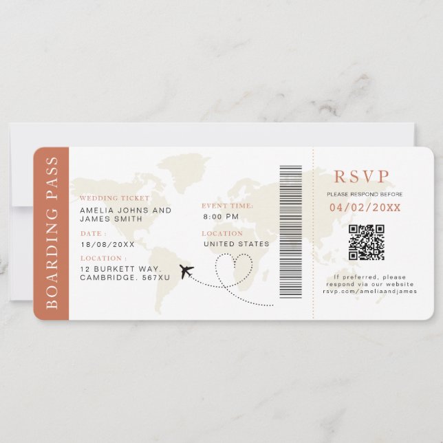Boho Boarding Pass Hochzeit in Urlaubsort QR-Code Einladung (Vorderseite)