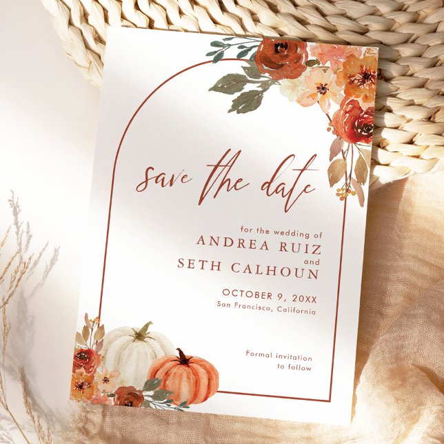 Boho-Bogen-Kürbis-Herbstblumen Terrakotta Save The Date (Von Creator hochgeladen)