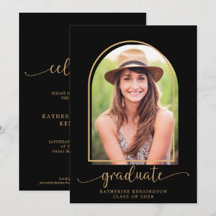 Boho-Bogen minimalistisch schwarze Gold-Foto-Absch Einladung