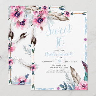 Boho Bohemian Stammesblumen Wasserfarbe Sweet 16 Einladung