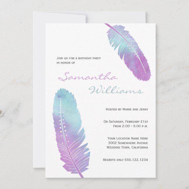 Boho Bohemisch Feather Lila Geburtstagsparty Einladung (Vorderseite)