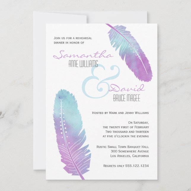 Boho Bohemisch Feather Lila Probe Abendessen Einladung (Vorderseite)