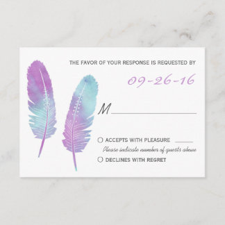 Boho Bohemisch Feather Lila und Blue Wedding RSVP Karte
