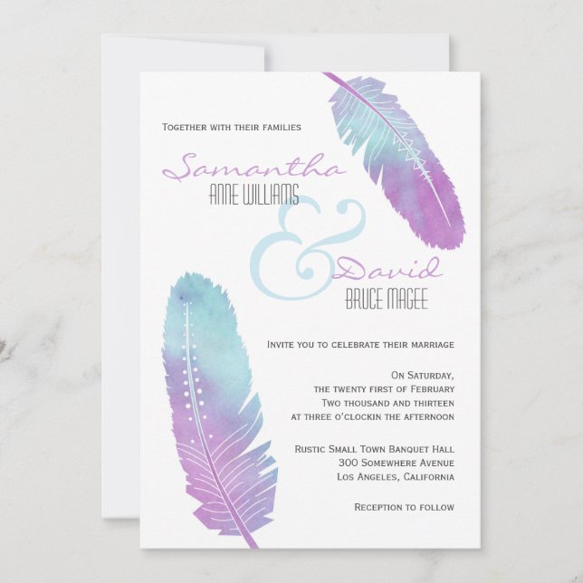 Boho Bohemisch Feather Wedding Lila und blau Einladung (Vorderseite)