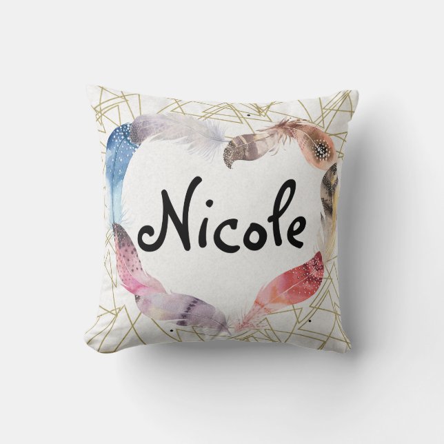 Boho Bohemisch Feathers Heart Gold Geometric Moder Kissen (Vorderseite)