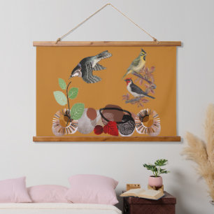 Boho Bohemisch Moderne Kunst Frühjahr Natur Vogelm Wandteppich Mit Holzrahmen