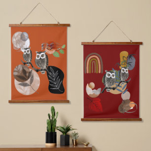 Boho Bohemisch moderne Kunst Owls Natureismauer Wandteppich Mit Holzrahmen