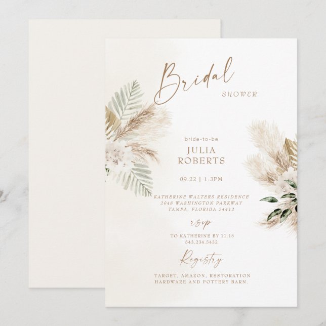 Boho Bohemisch Pampas Grass Brautparty Einladung (Vorne/Hinten)