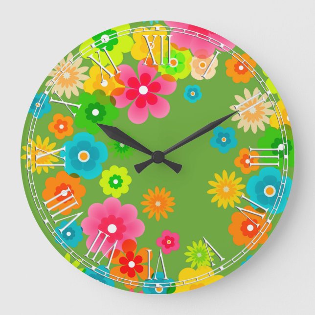 Boho Bohemische Retro bunte BlumenBlumen Große Wanduhr (Vorderseite)