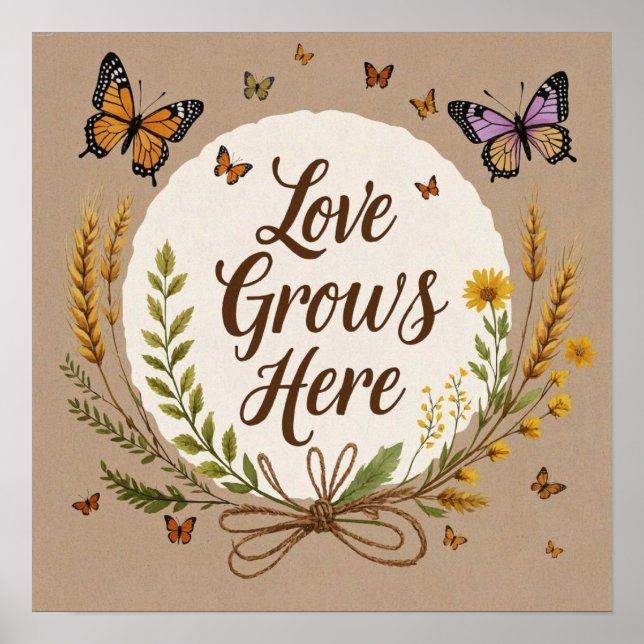 Boho, Bohemische Wildblumen, Schmetterlinge, Weize Poster (Vorne)