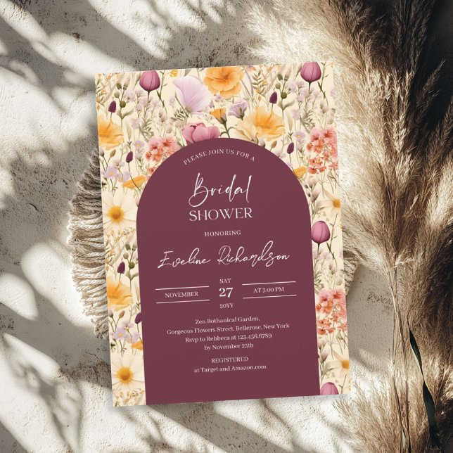 Boho-Boje-Aquarell-Lila-Wildblumen Einladung (Boho arch watercolor mauve and yellow wildflowers invitation)