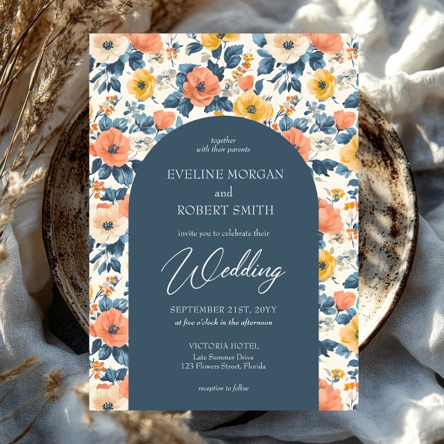 Boho Boje Pfirsichgelb und cremefarbene Blume Einladung (colorful watercolor cottage wild flowers orange cream and dark blue wedding invitation)