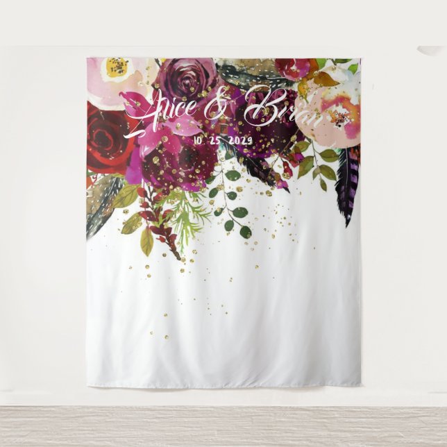 Boho Bold Burgundy Floral Wedding Backdrop Wandteppich (Vorderseite)