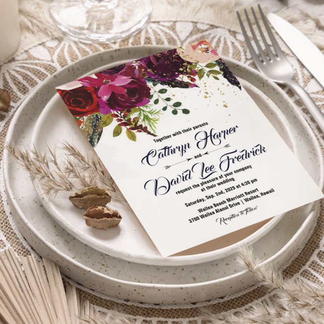 Boho Bold Burgundy Floral Wedding Einladung (Von Creator hochgeladen)