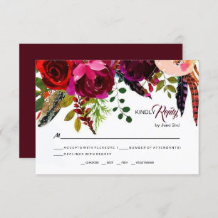 Boho Bold Burgundy Floral Wedding RSVP