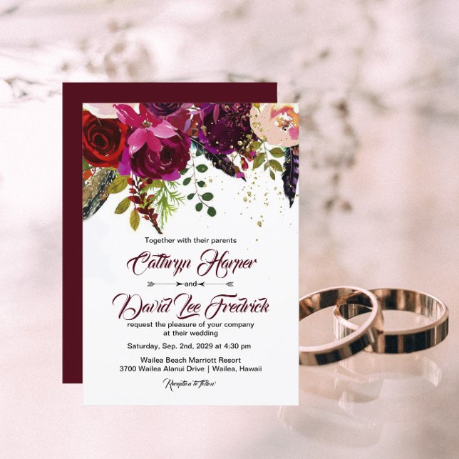 Boho Bold Burgundy & Gold Floral Wedding Einladung (Von Creator hochgeladen)