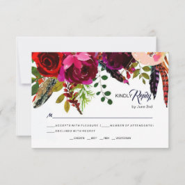 Boho Bold Burgundy Navy Floral Wedding RSVP Karte