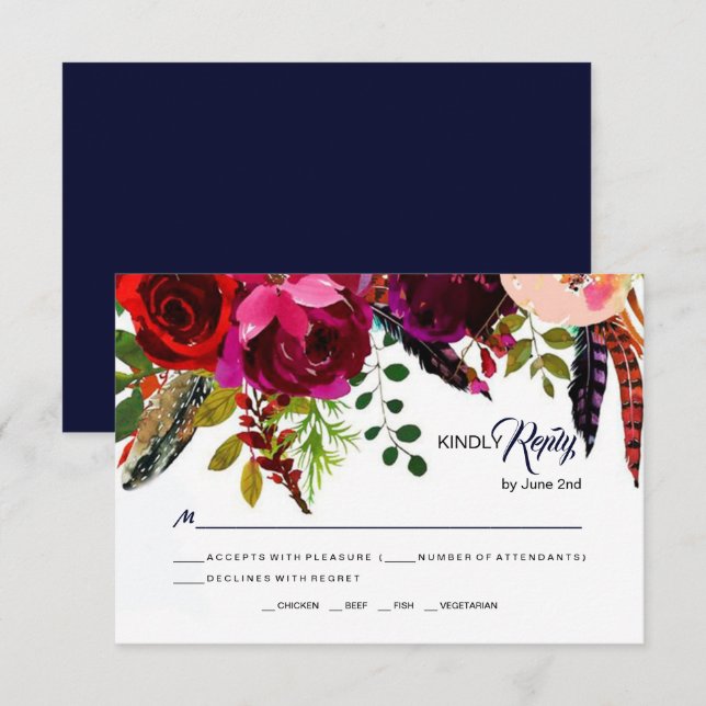 Boho Bold Burgundy Navy Floral Wedding RSVP Karte (Vorne/Hinten)