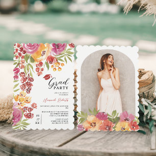 Boho Bold Watercolor Floral Foto Graduation Party Einladung
