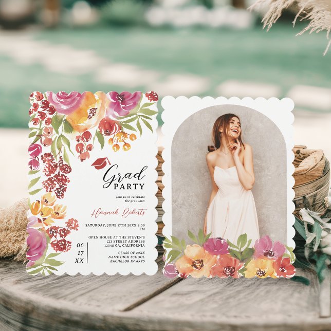 Boho Bold Watercolor Floral Foto Graduation Party Einladung (Boho Bold Watercolor Floral Photo Graduation Party Invitation)