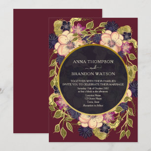 Boho-Bordeaux-Navy-Blumen-Hochzeitseinladung Einladung