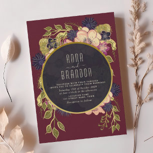 Boho-Bordeaux-Navy-Blumen-Hochzeitseinladung Einladung