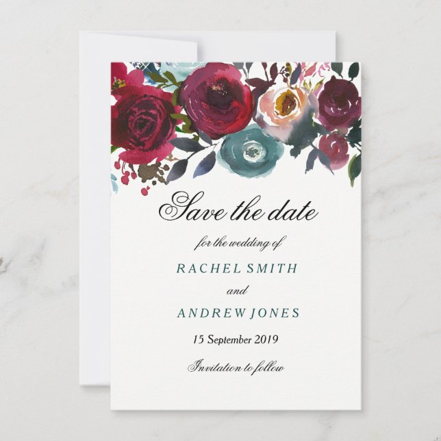 Boho Bordo Burgundy Red Blume Save the Date (Vorderseite)