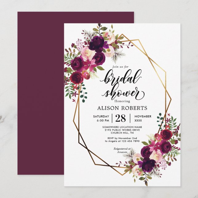 Boho bordo geometrisches Hochzeitsfest-Brautparty Einladung (Vorne/Hinten)