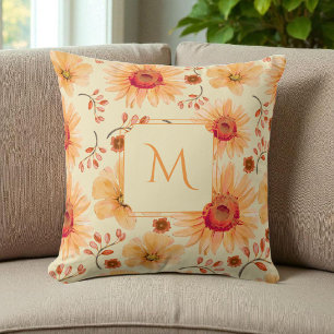 Boho-Botanical-Aquarell-Creme-Orangen-Blumenmuster Kissen