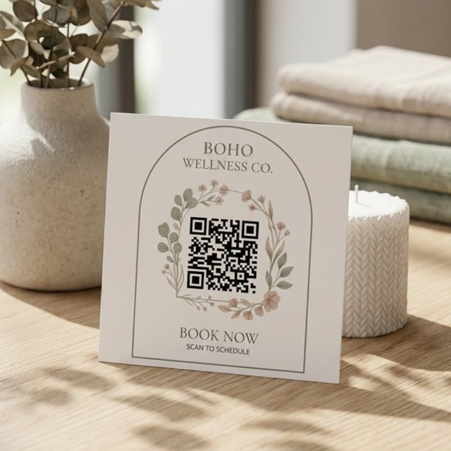 Boho Botanical Arched QR Code Square Quadratische Visitenkarte (Luxe Boho Business Card for Wellness & Creative Pros | Modern Botanical Design)