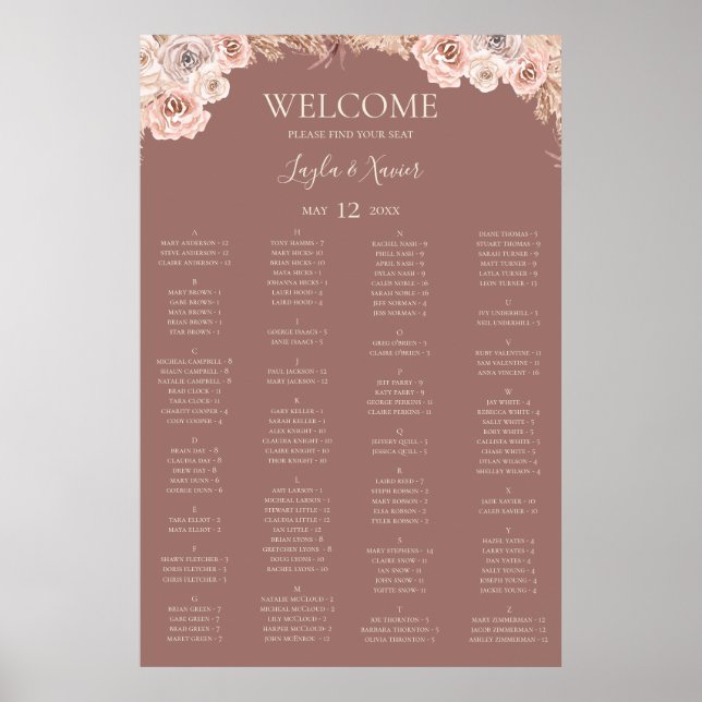 Boho Botanical | Dusty Rose Alphabetische Sitzplät Poster (Vorne)