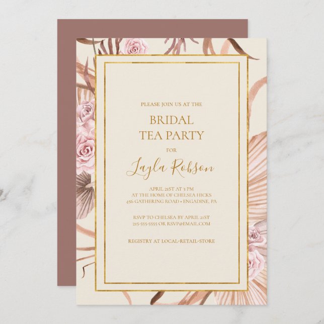 Boho Botanical | Dusty Rose Bridal Tee Party Einladung (Vorne/Hinten)