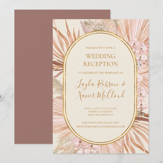 Boho Botanical | Dusty Rose Hochzeitsempfang Einladung (Vorne/Hinten)