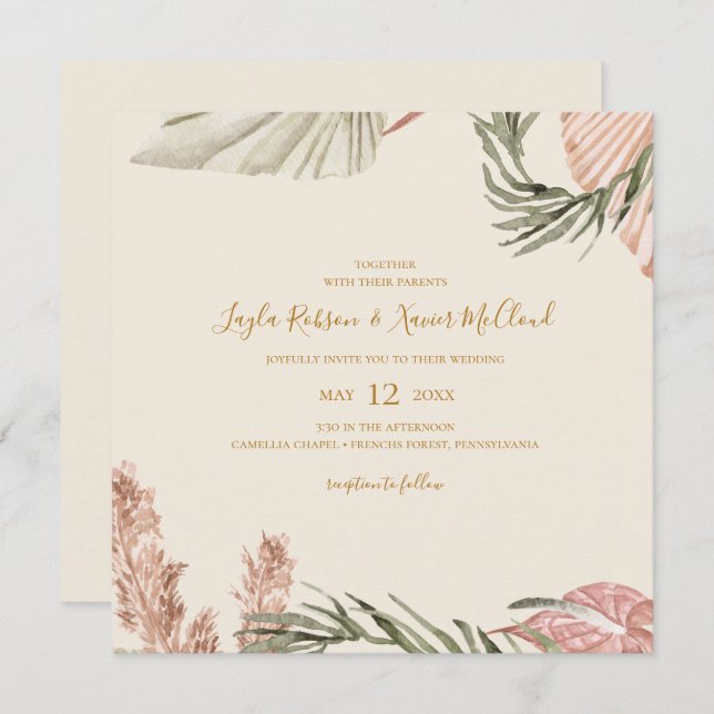 Boho Botanical | Einfache Hochzeit auf dem Elfenbe Einladung (Vorne/Hinten)